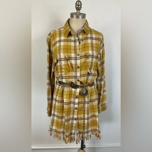 BERRY N CREAM Women’s Gold Plaid Western Dress Top Cotton Flannel Frayed Small